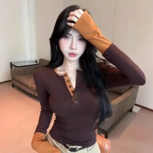 Retro Color-blocked Fake Two-piece Long-sleeve T-shirt Inner Wear