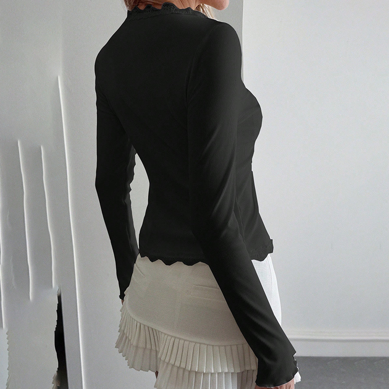 Women's Elegant Lace Trim V-Neck Blouse, Ruffle Detail Long Sleeve Button-Down Shirt For Spring Fall Wear - Image 6