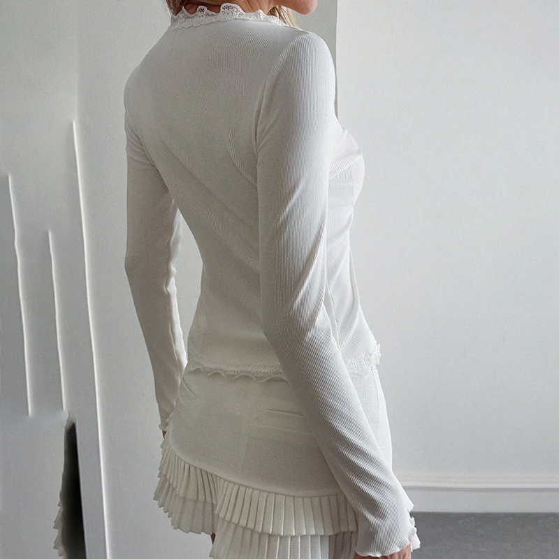 Women's Elegant Lace Trim V-Neck Blouse, Ruffle Detail Long Sleeve Button-Down Shirt For Spring Fall Wear - Image 10