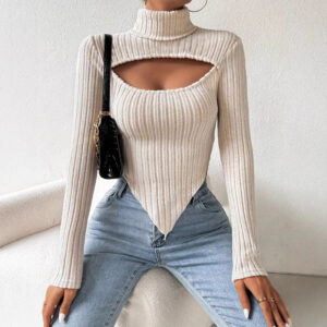 Autumn And Winter New European And American Women's Sexy Hollow-out Irregular Long-sleeved Knitted Striped Short Top