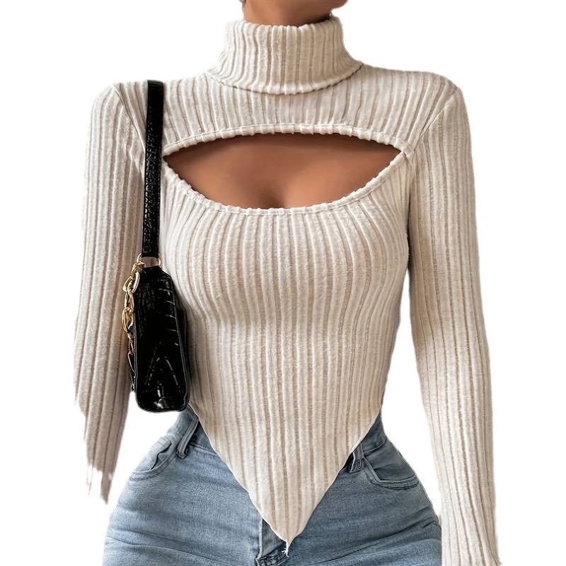 Autumn And Winter New European And American Women's Sexy Hollow-out Irregular Long-sleeved Knitted Striped Short Top - Image 5