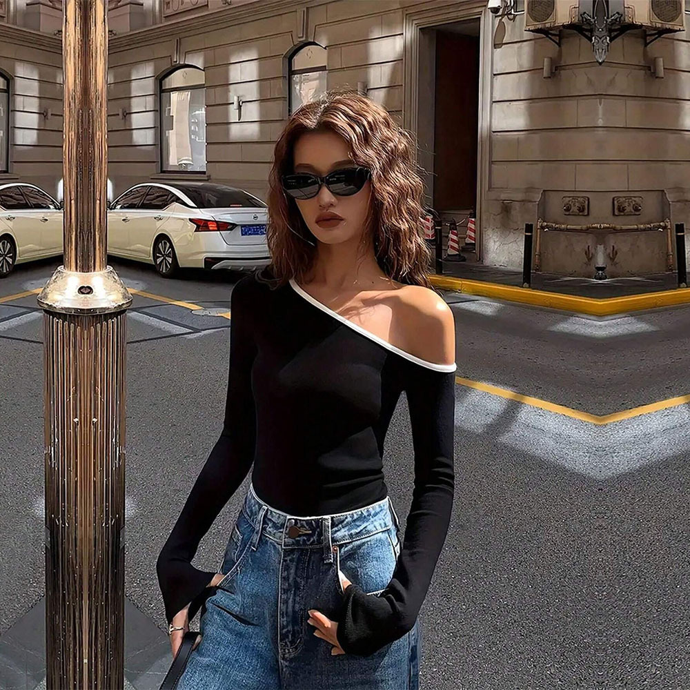 European And American Fashion Style Oblique Collar T-shirt Unique Design Sense For Autumn And Winter Niche Off-shoulder Top - Image 4