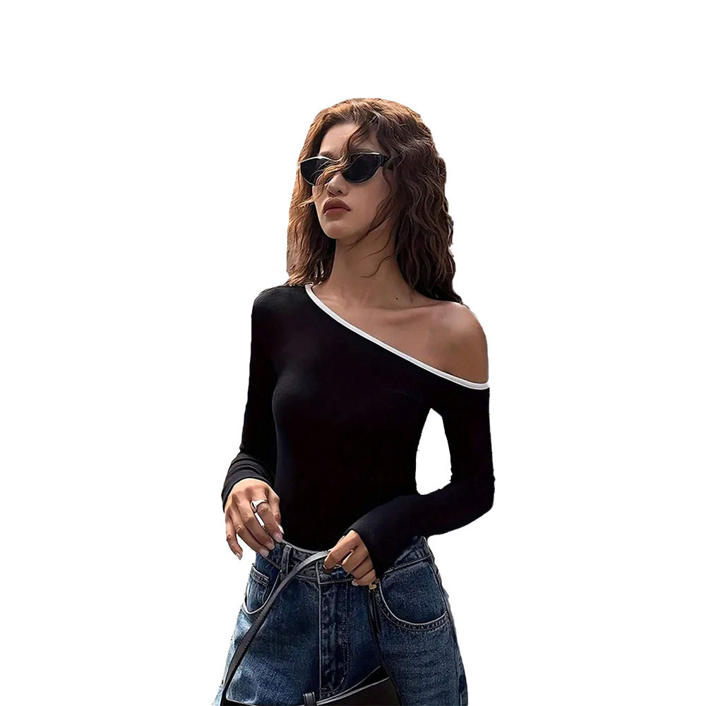 European And American Fashion Style Oblique Collar T-shirt Unique Design Sense For Autumn And Winter Niche Off-shoulder Top - Image 5