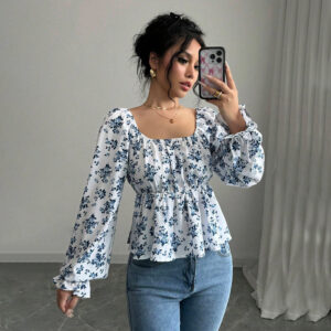 Autumn And Winter Square Neckline Puff Sleeve Popular Floral Long Sleeve Top