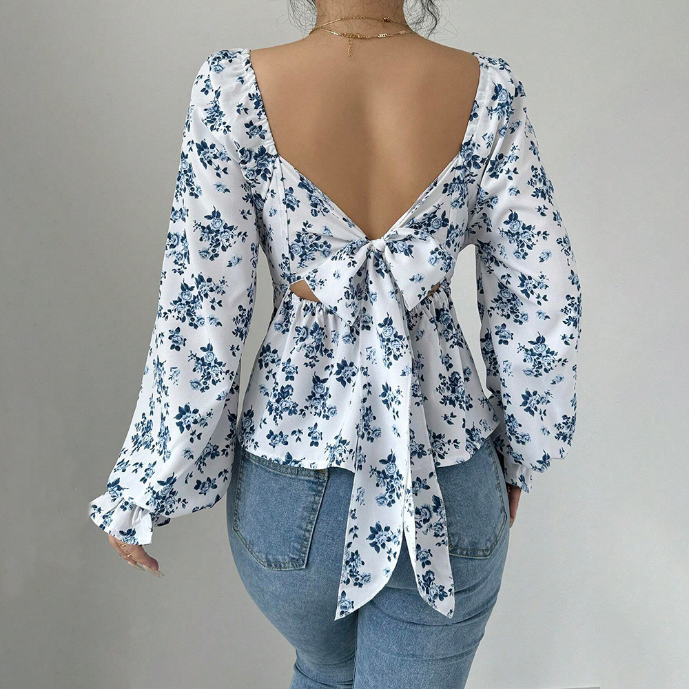 Autumn And Winter Square Neckline Puff Sleeve Popular Floral Long Sleeve Top - Image 2