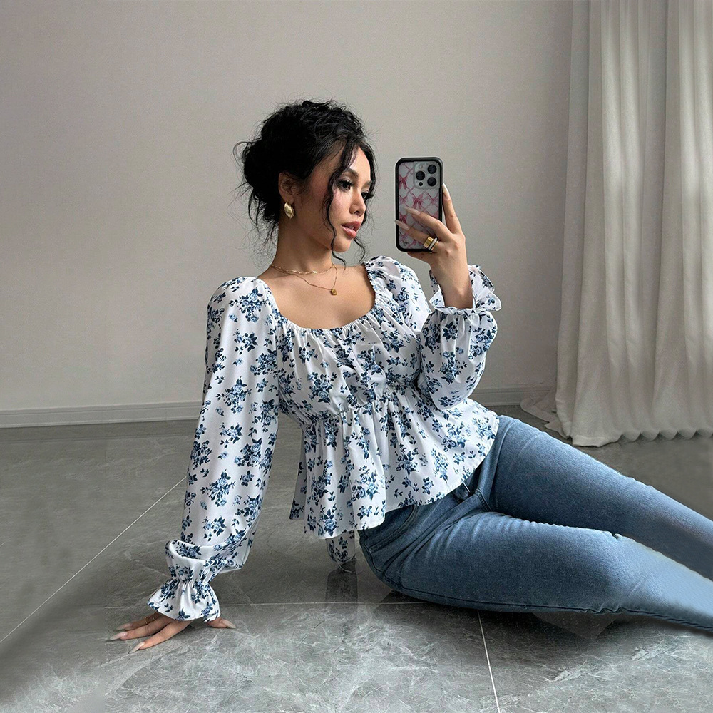 Autumn And Winter Square Neckline Puff Sleeve Popular Floral Long Sleeve Top - Image 4