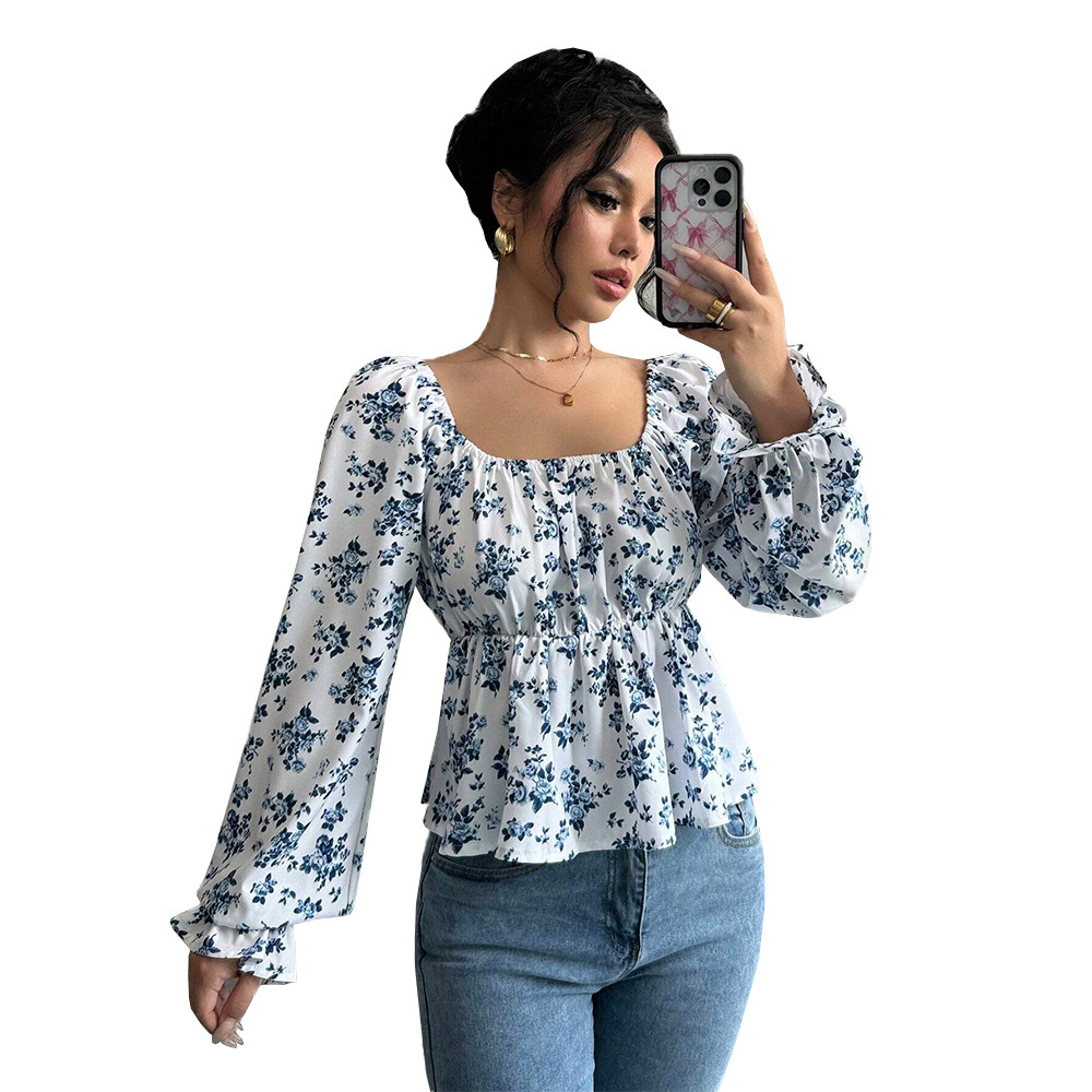 Autumn And Winter Square Neckline Puff Sleeve Popular Floral Long Sleeve Top - Image 5