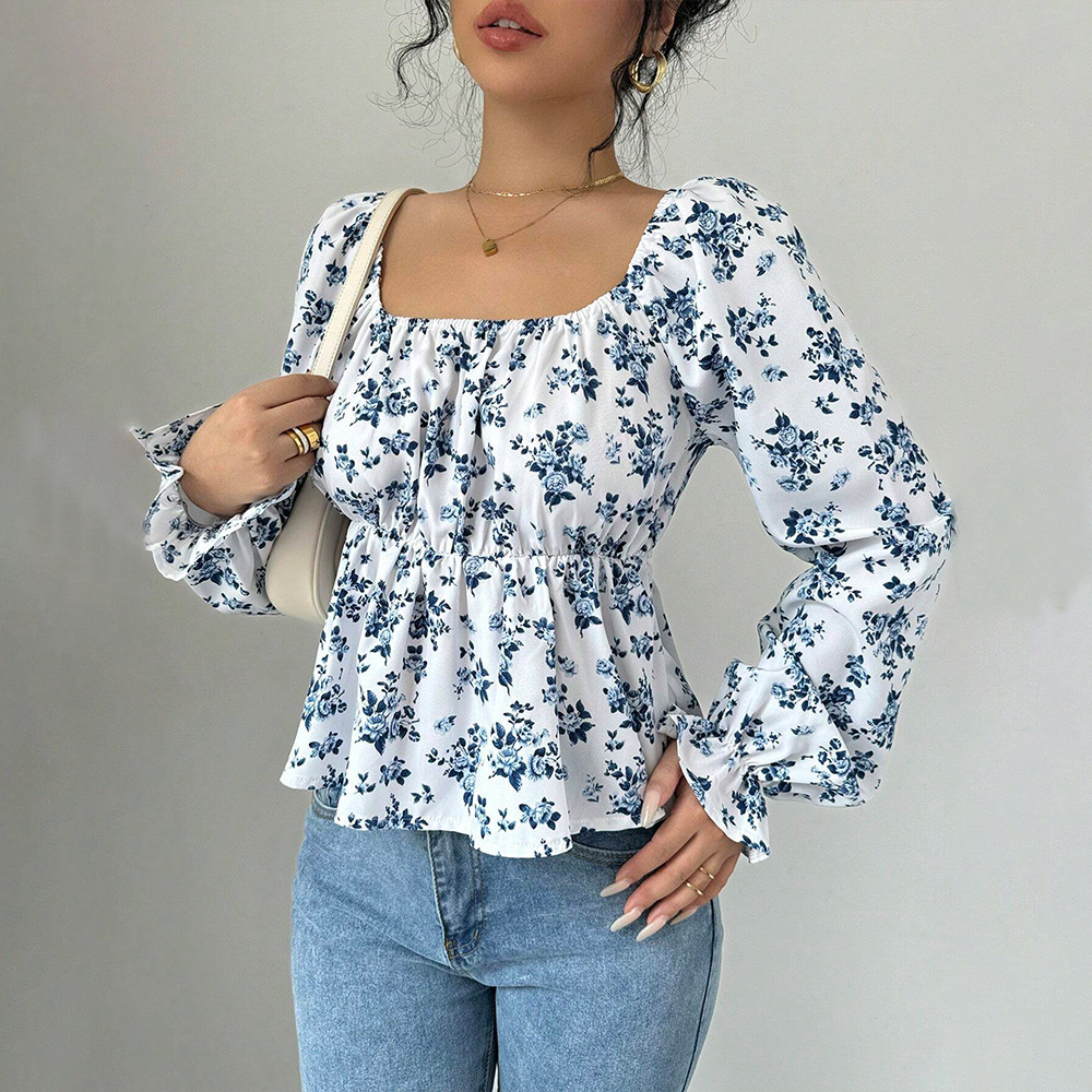 Autumn And Winter Square Neckline Puff Sleeve Popular Floral Long Sleeve Top - Image 6