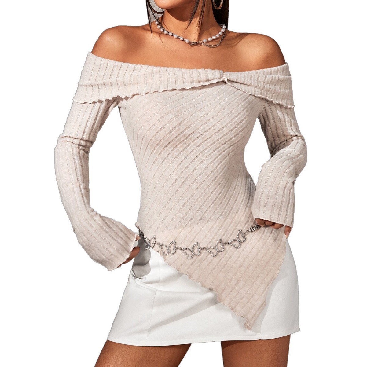 Autumn And Winter European And American Women's Clothing Off-the-shoulder Irregular Long-sleeved T-shirt Sexy And Elegant Top - Image 5