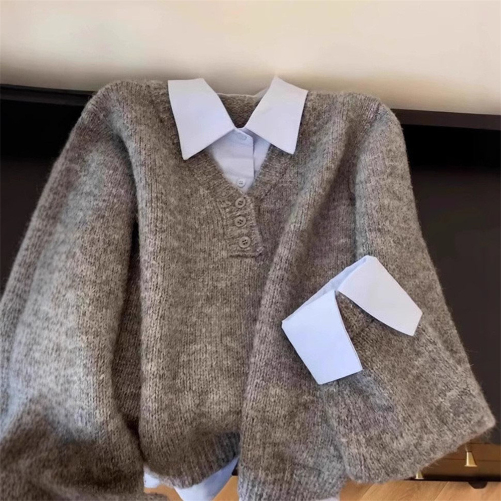 New Simple Shirt Polo Collar Splicing Fashion Fake Two-piece Top - Image 3