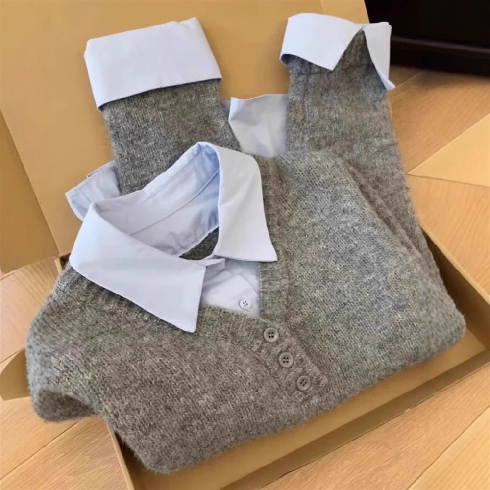 New Simple Shirt Polo Collar Splicing Fashion Fake Two-piece Top - Image 4