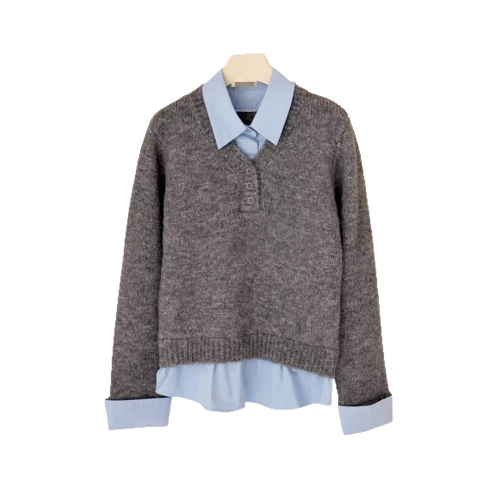 New Simple Shirt Polo Collar Splicing Fashion Fake Two-piece Top - Image 5