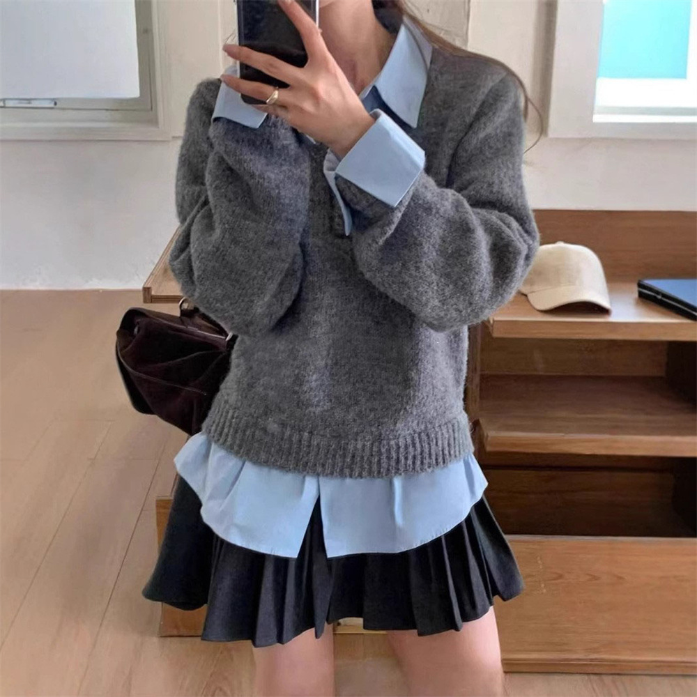 New Simple Shirt Polo Collar Splicing Fashion Fake Two-piece Top - Image 6