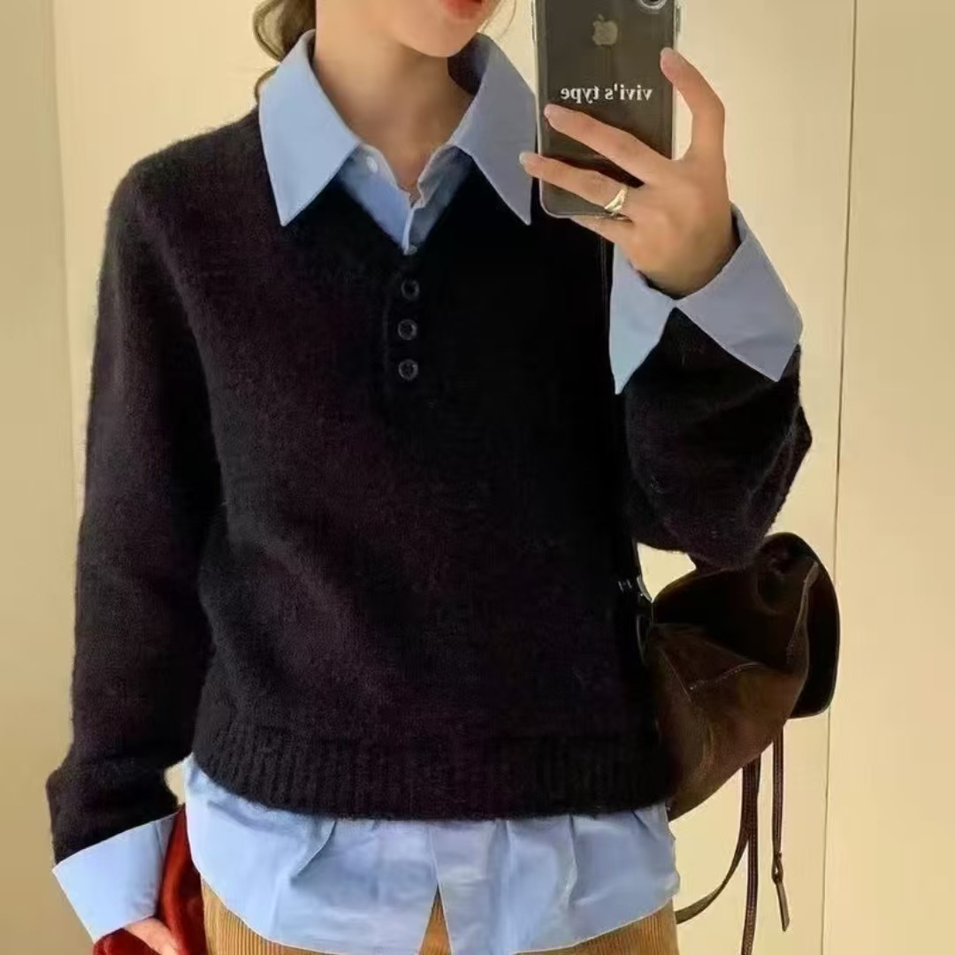 New Simple Shirt Polo Collar Splicing Fashion Fake Two-piece Top - Image 7