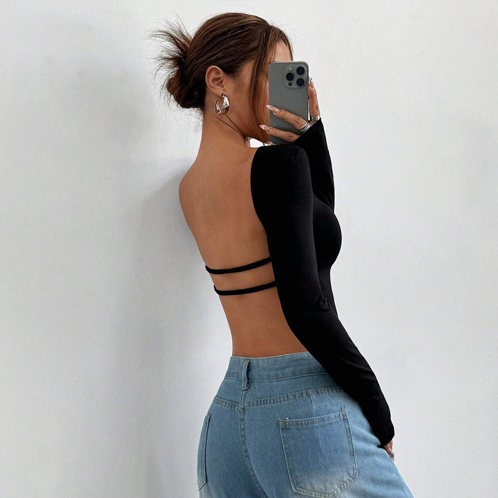 Sexy Style Women's T-shirt New Autumnwinter Backless Design Short Top - Image 2