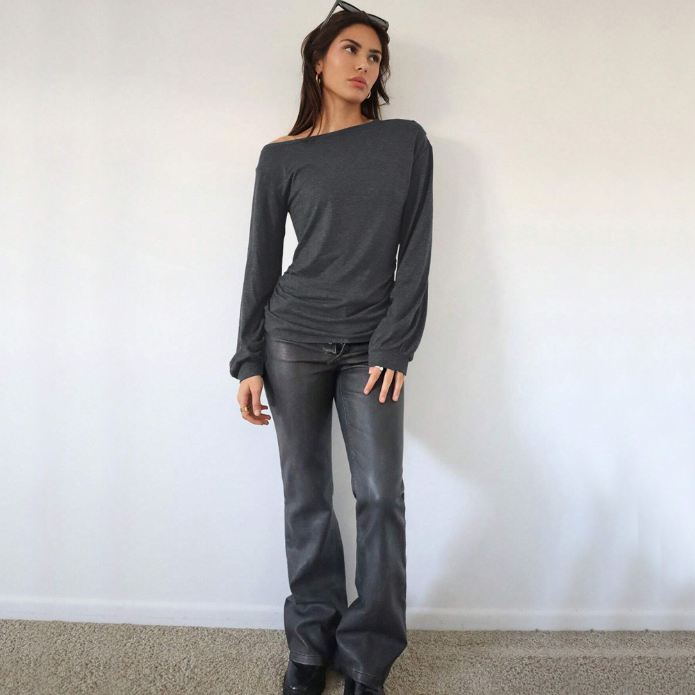 Women's Casual Fashion Trend T-Shirt AutumnWinter Stylish Versatile Loose Slim-Fit Diagonal Collar Top - Image 3