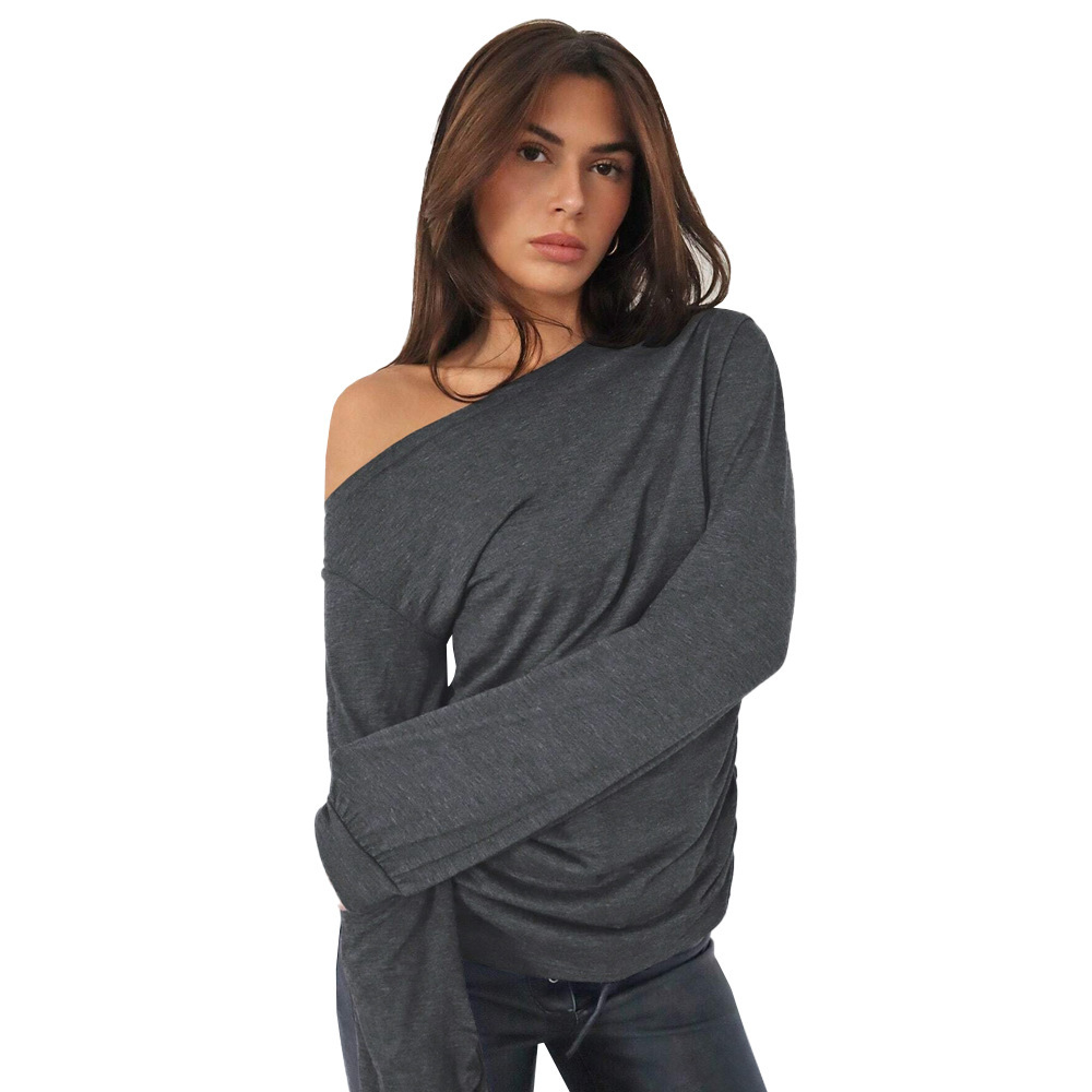 Women's Casual Fashion Trend T-Shirt AutumnWinter Stylish Versatile Loose Slim-Fit Diagonal Collar Top - Image 5