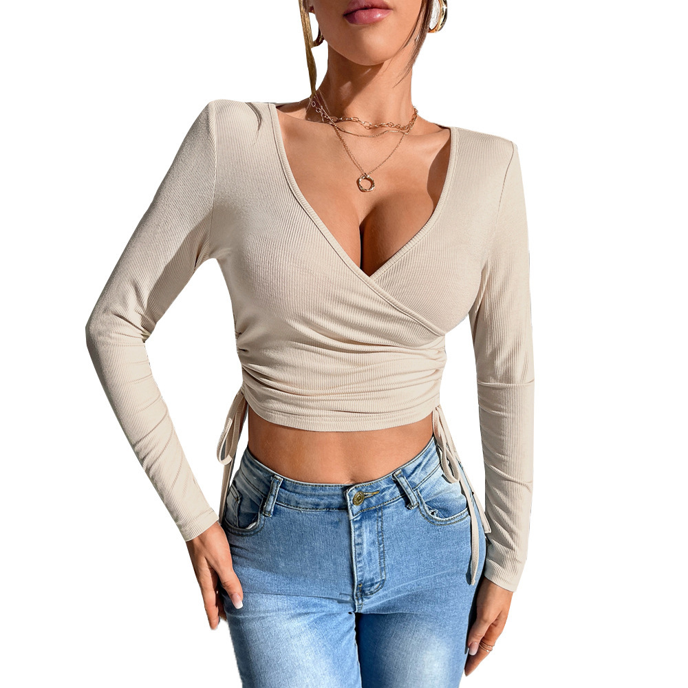 European And American Women's Sexy V-neck T-shirt Autumn And Winter Waist Tie Slim Long-sleeve Base Top - Image 5