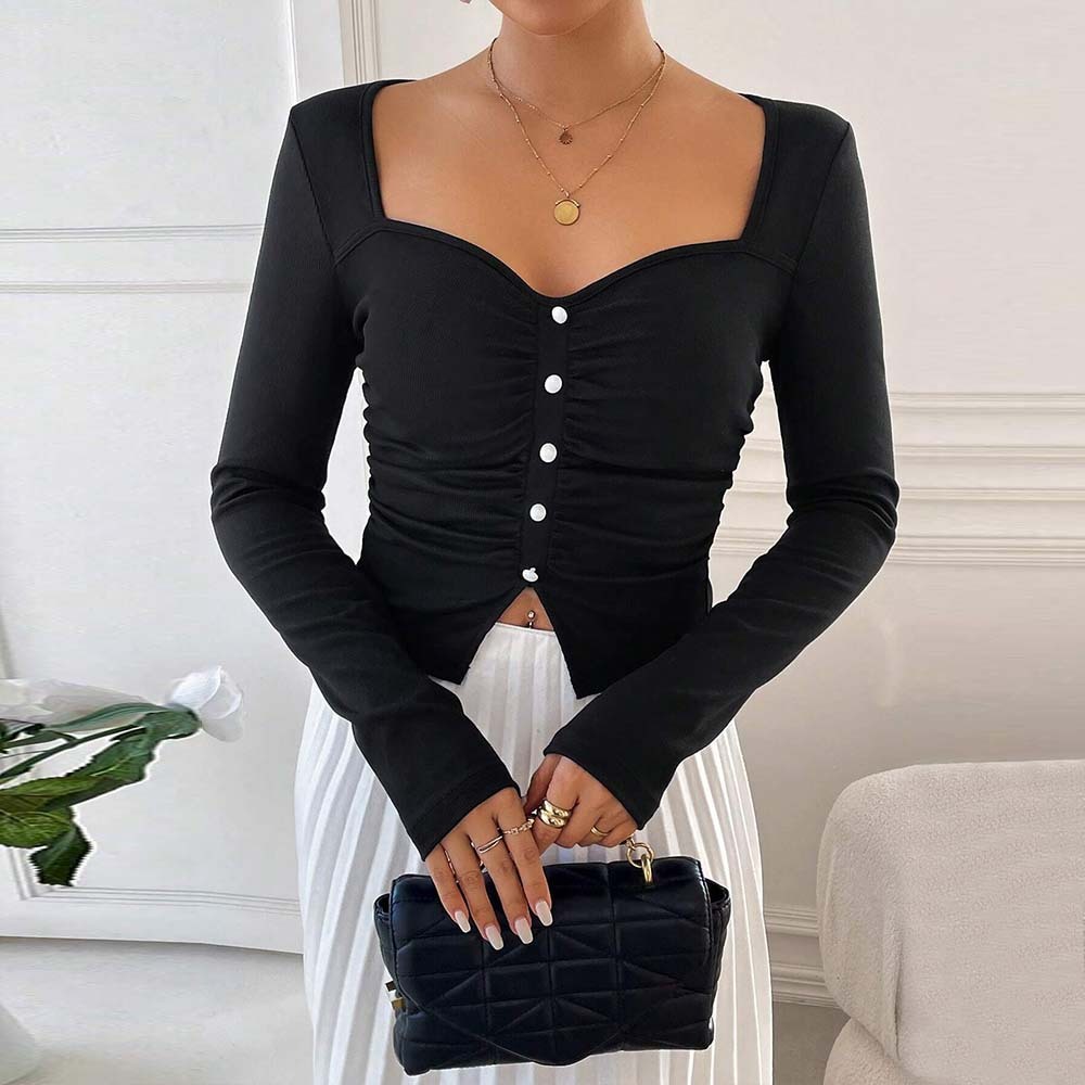 European And American Women's Clothing French Little Fragrance Square Neck T-shirt Autumn And Winter Elegant High-end Slim Top