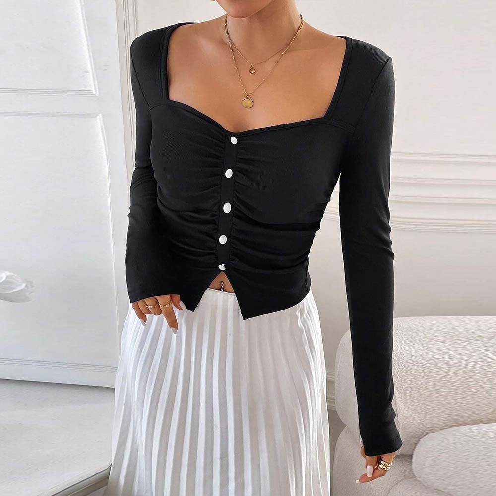 European And American Women's Clothing French Little Fragrance Square Neck T-shirt Autumn And Winter Elegant High-end Slim Top - Image 4