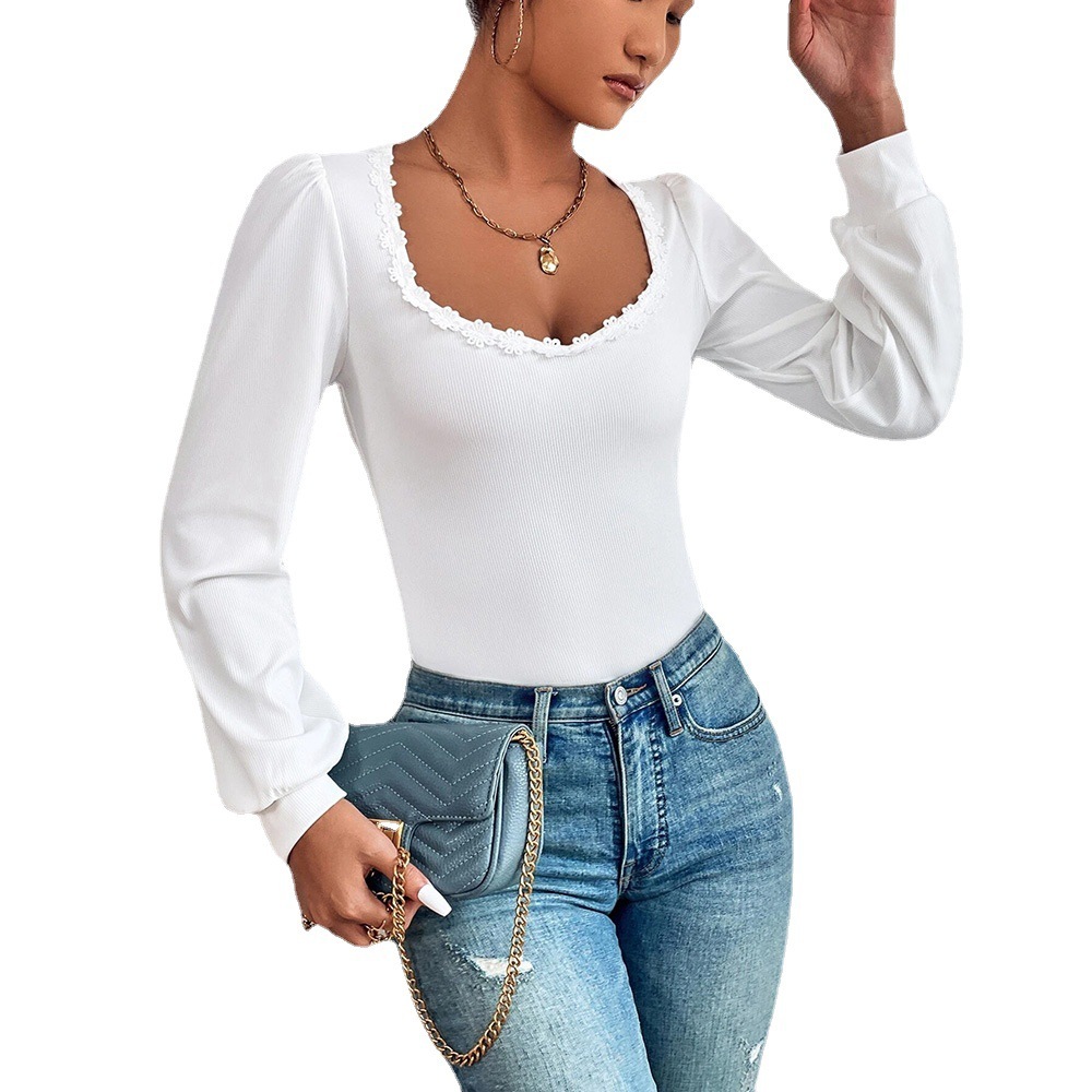 Women's V-neck Puff Sleeve Slim Fit Versatile T-shirt - Image 5