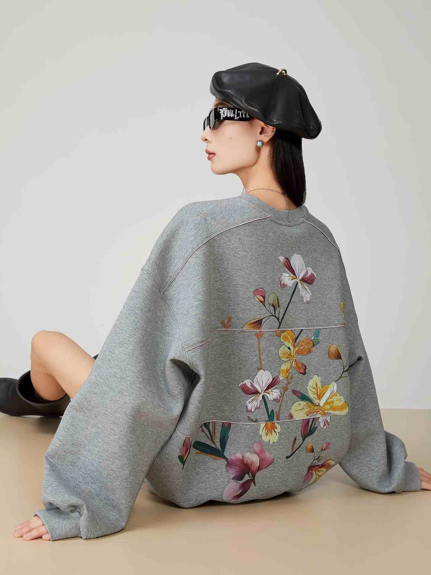 Gray Printing Crew Neck Pullover Sweatshirt - Image 2