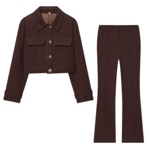 Piped Short Jacket With Flare Pants Set