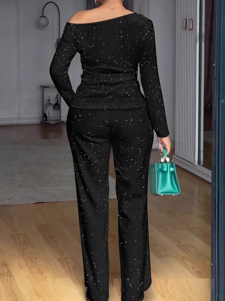 Lace Patchwork Long-sleeved Top With Wide-leg Pants Casual Two-piece Set - Image 2