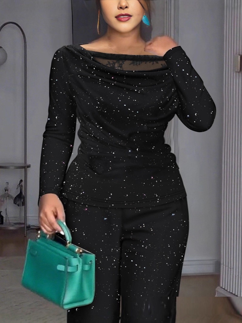 Lace Patchwork Long-sleeved Top With Wide-leg Pants Casual Two-piece Set - Image 5