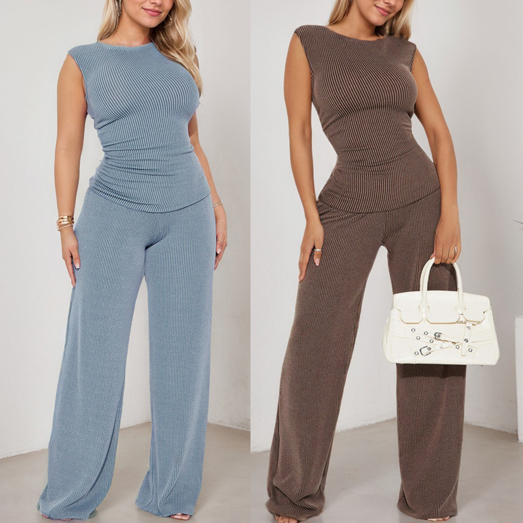 Fashion Waist-cinching Sleeveless Two-piece Set, Straight Silhouette