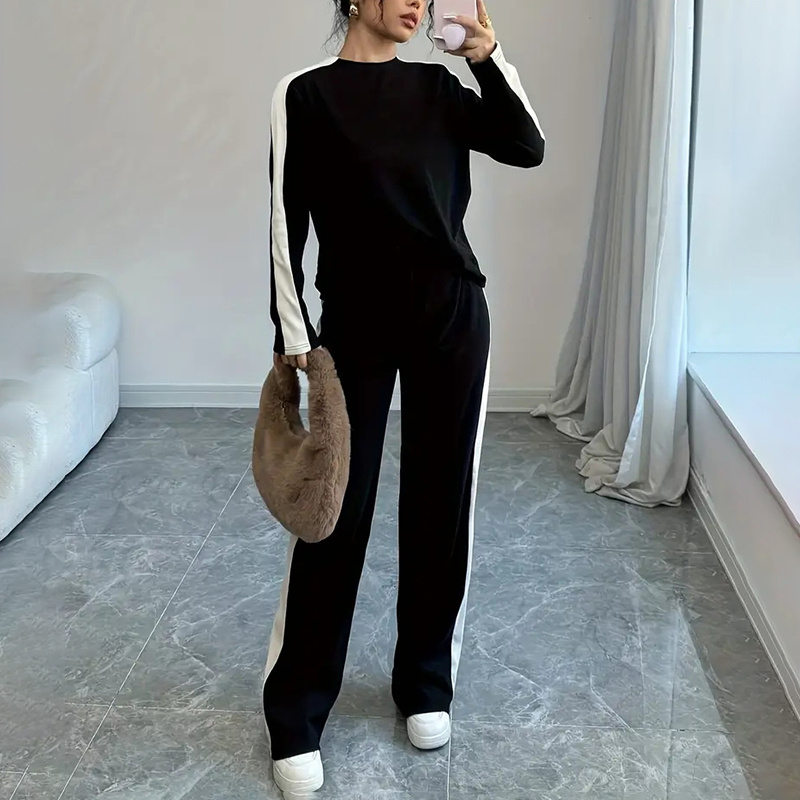 Women's Color Block Lounge Set - 2 Piece Pullover & Wide-Leg Pants, Fall Travel Sweatsuit