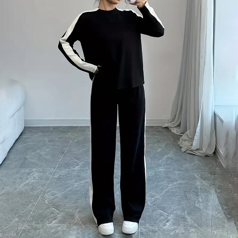 Women's Color Block Lounge Set - 2 Piece Pullover & Wide-Leg Pants, Fall Travel Sweatsuit - Image 2