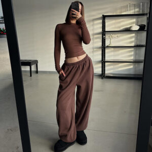 Women's Solid Color Round Neck Slim Fit Long Sleeve T-shirt High Waist Loose Sweatpants Set