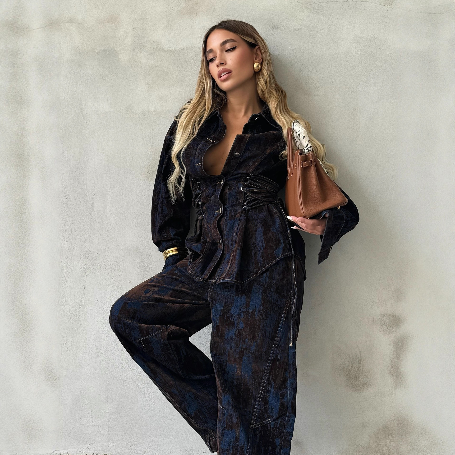 Printed Flocking Contrasting Color Tie-dye Denim Jacket And Pants Set - Image 2