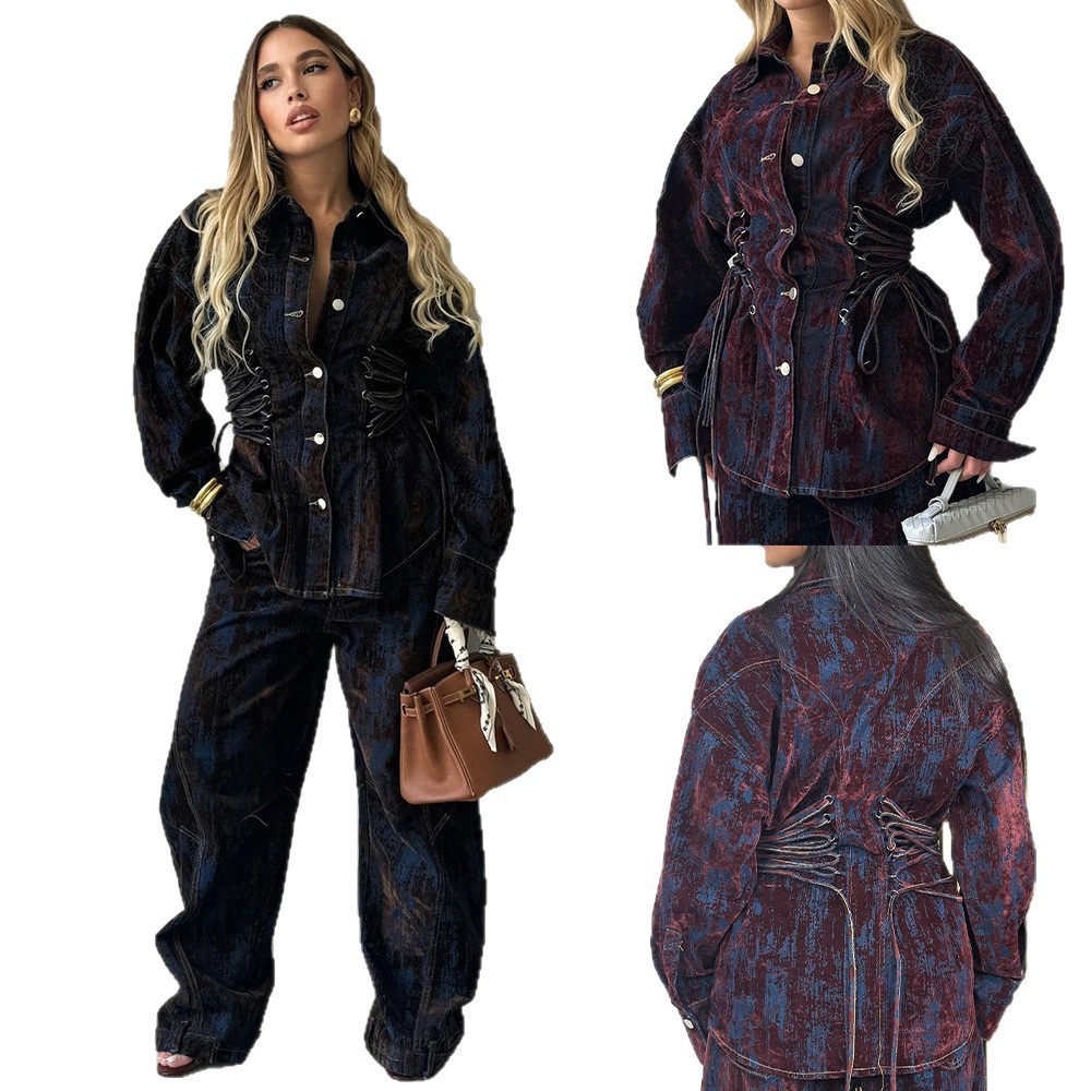 Printed Flocking Contrasting Color Tie-dye Denim Jacket And Pants Set - Image 5