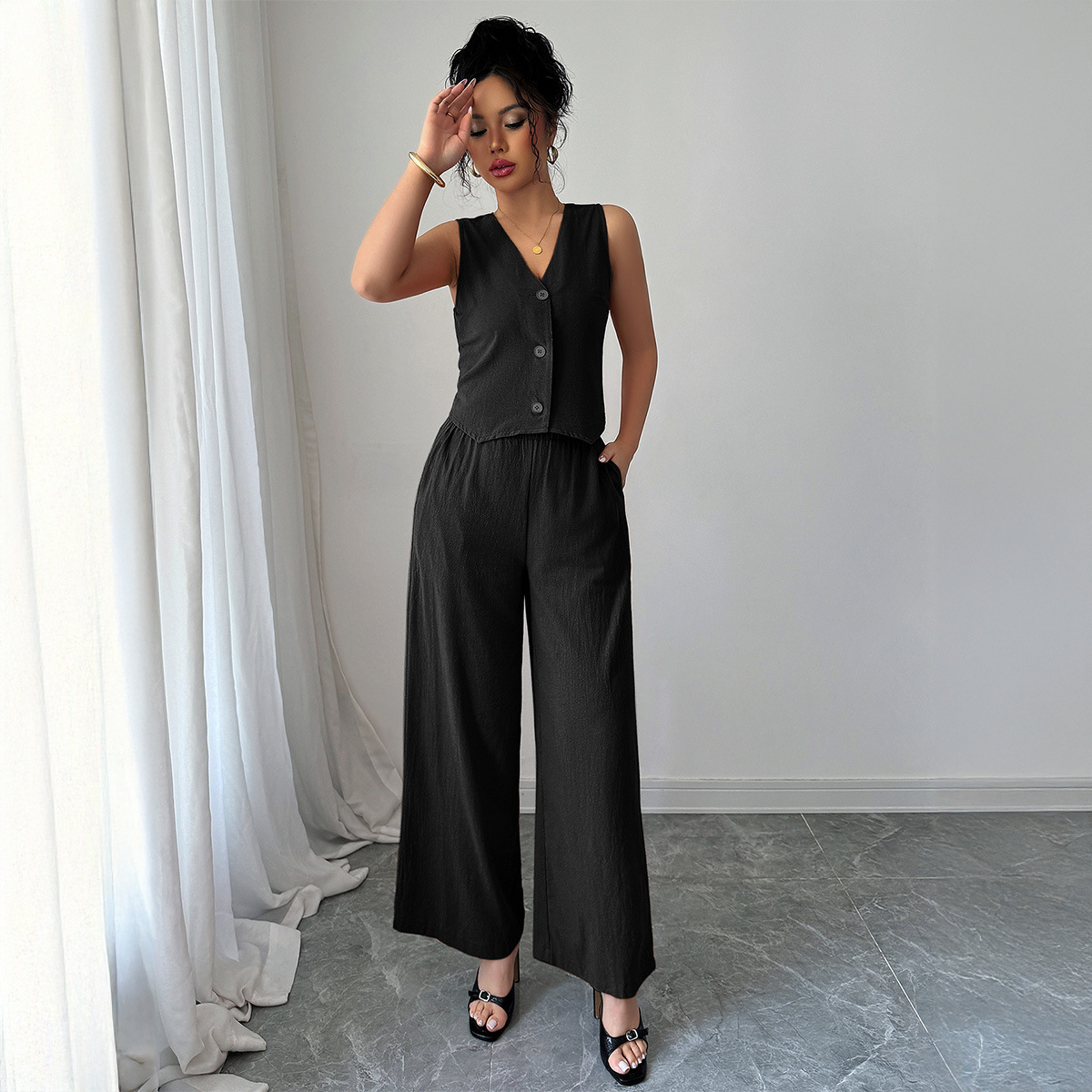 Simple Sleeveless Wide-leg Pants Two-piece Set For Women - Image 2