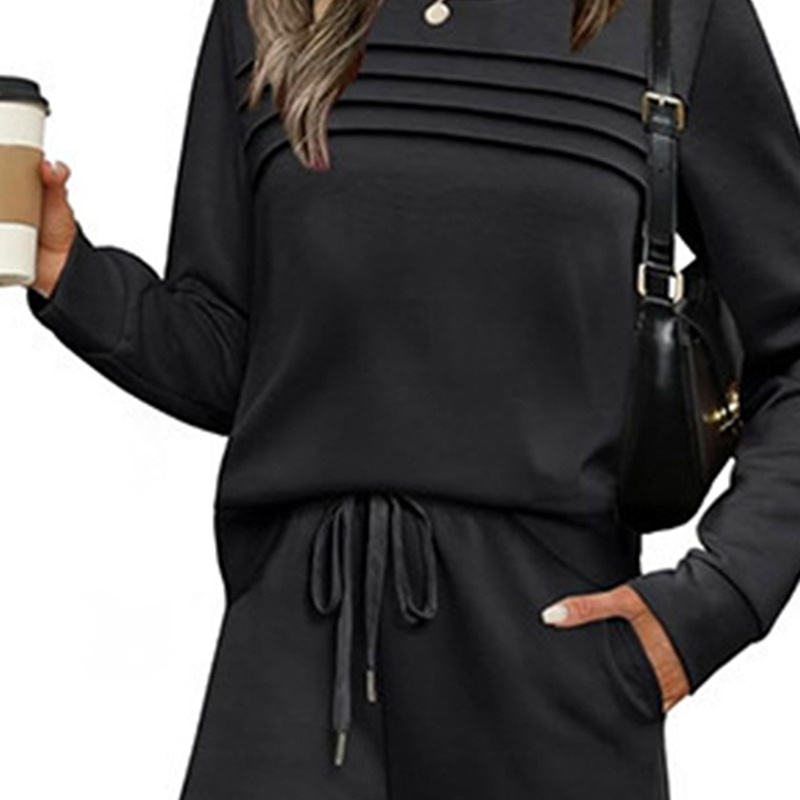 Women's Solid Color 2-Piece Set, Crew Neck Long Sleeve Ruffle Design Top With Tie-Waist Wide Leg Pants For Spring And Fall - Image 5