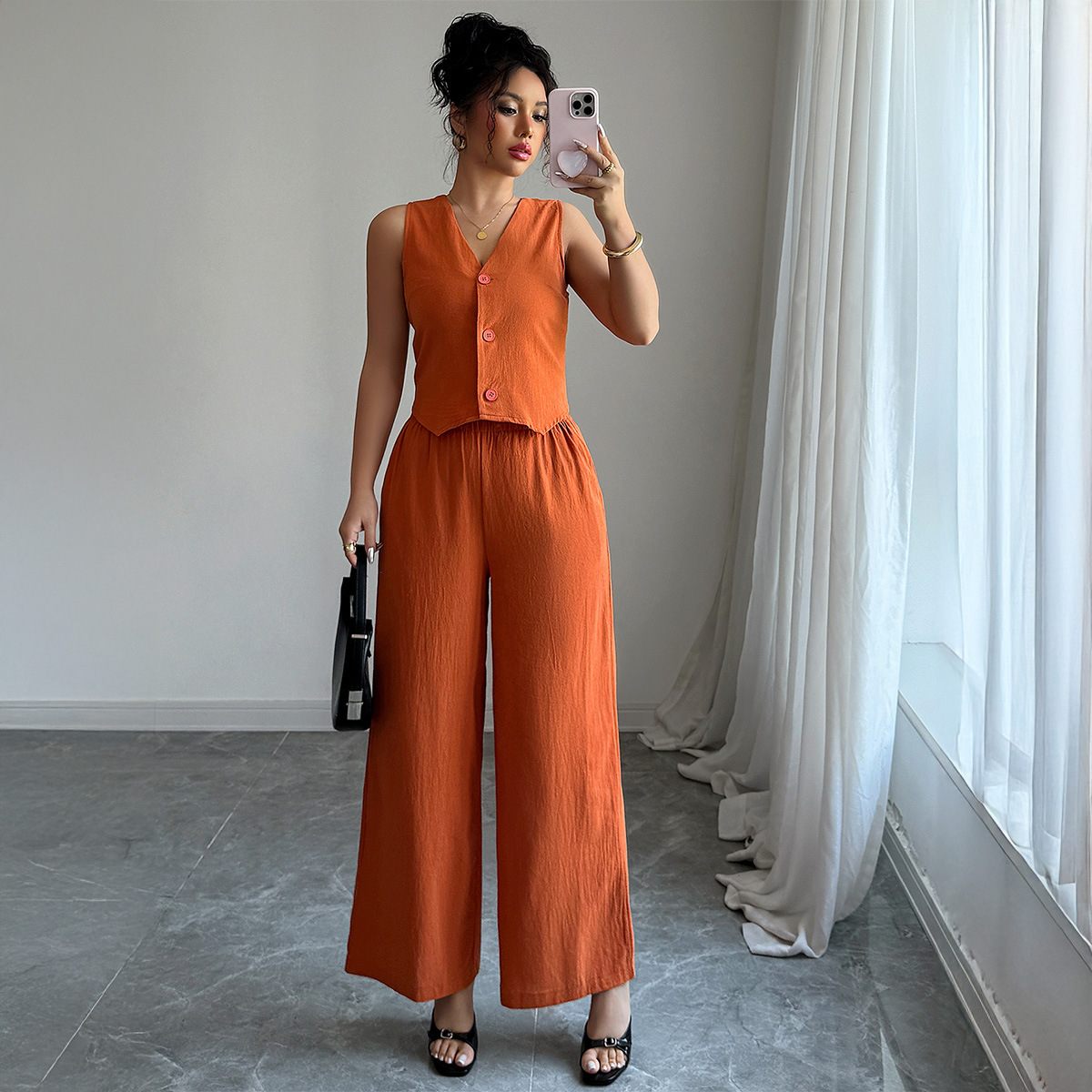 Simple Sleeveless Wide-leg Pants Two-piece Set For Women - Image 5