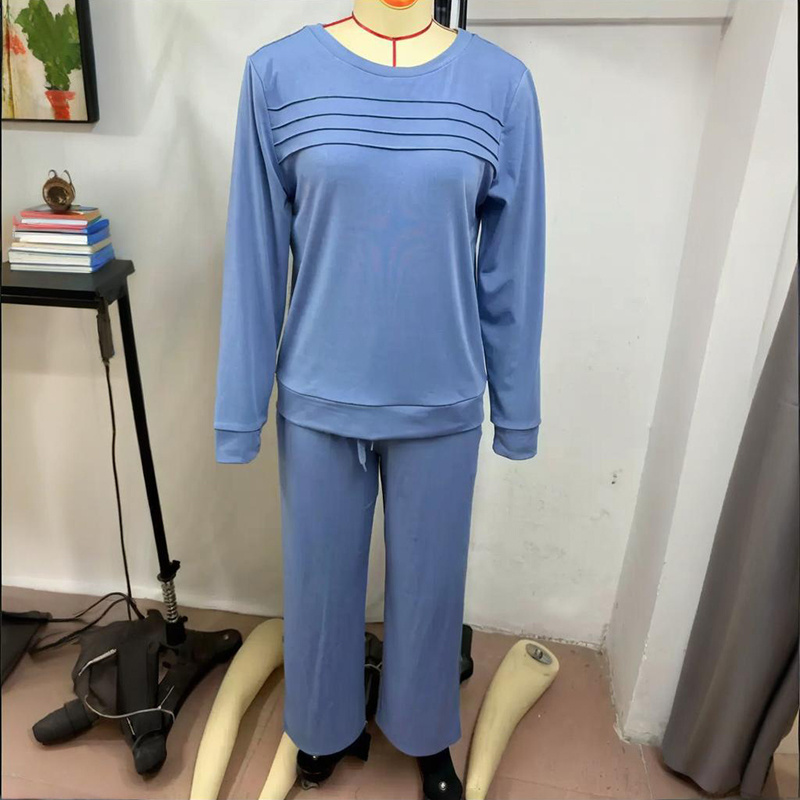 Women's Solid Color 2-Piece Set, Crew Neck Long Sleeve Ruffle Design Top With Tie-Waist Wide Leg Pants For Spring And Fall - Image 10