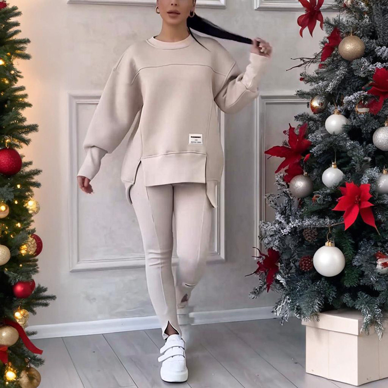 Women's Solid Color 2-Piece Set, Loose Fit Top With Slit Hem & Slim Fit Pants For Spring And Fall - Image 2