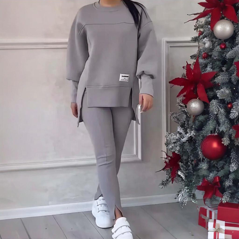 Women's Solid Color 2-Piece Set, Loose Fit Top With Slit Hem & Slim Fit Pants For Spring And Fall - Image 3