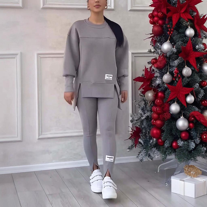 Women's Solid Color 2-Piece Set, Loose Fit Top With Slit Hem & Slim Fit Pants For Spring And Fall - Image 4