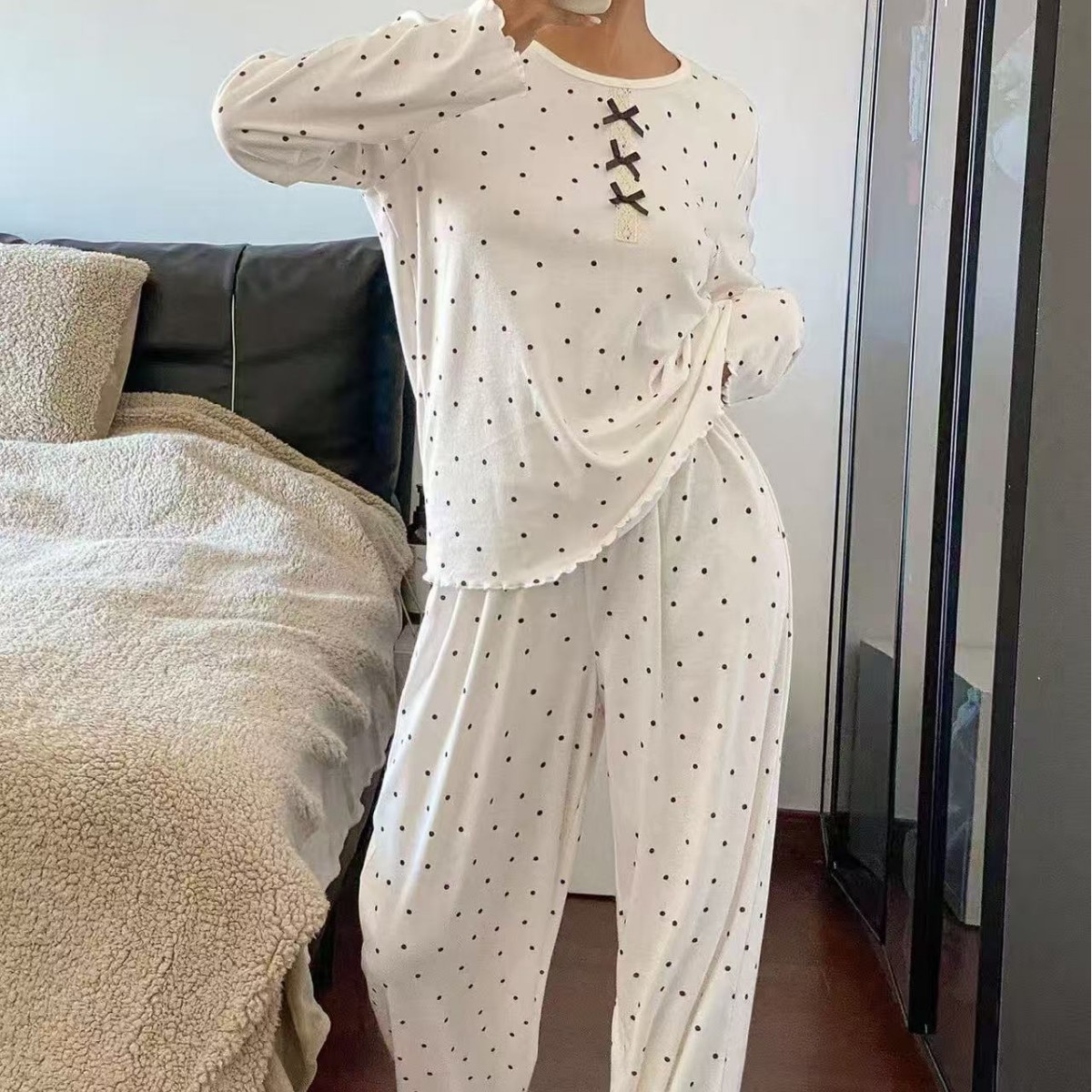 Women's Fashion Long Dot Pajama Set