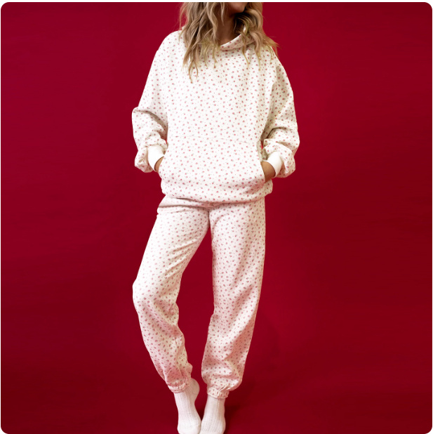 Hooded Sweatshirt Jogger Pants Floral Print Warm And Stylish Set - Image 2