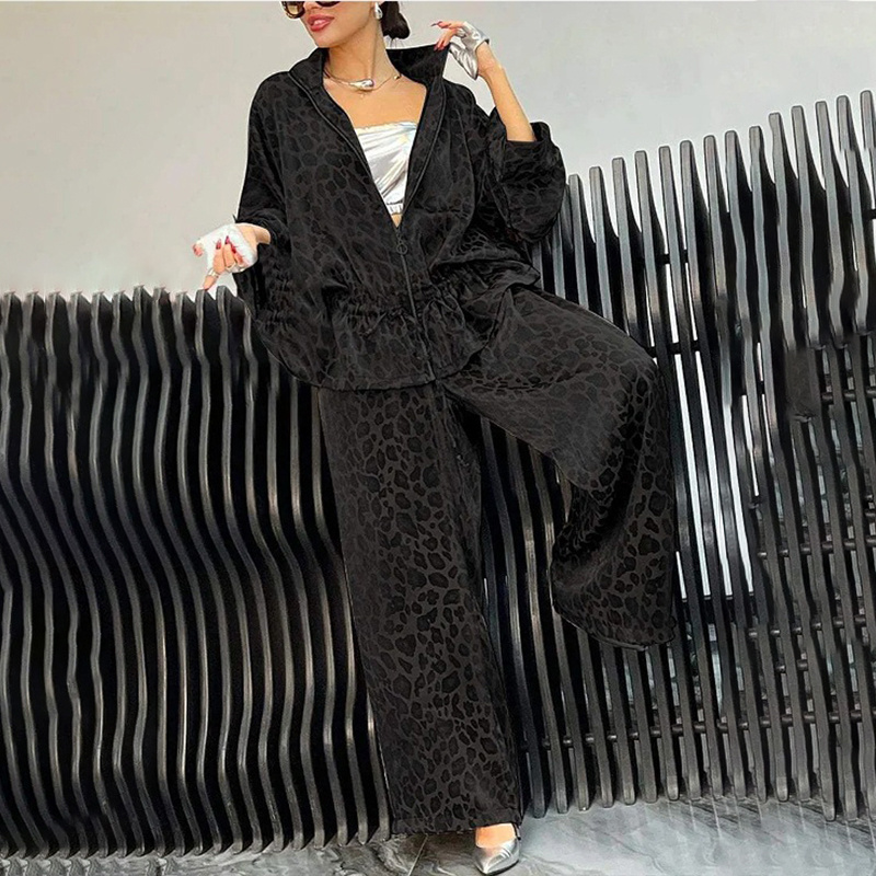 Women's Casual 2-Piece Set, Drawstring Leopard Print Zip-Up Top & Wide Leg Pants For Spring Fall - Image 2
