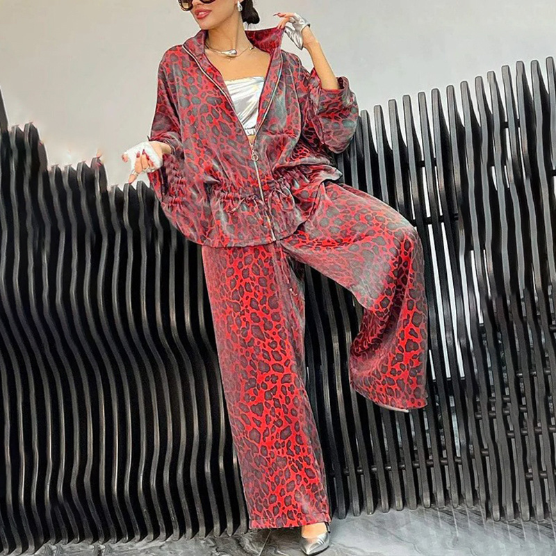 Women's Casual 2-Piece Set, Drawstring Leopard Print Zip-Up Top & Wide Leg Pants For Spring Fall - Image 4