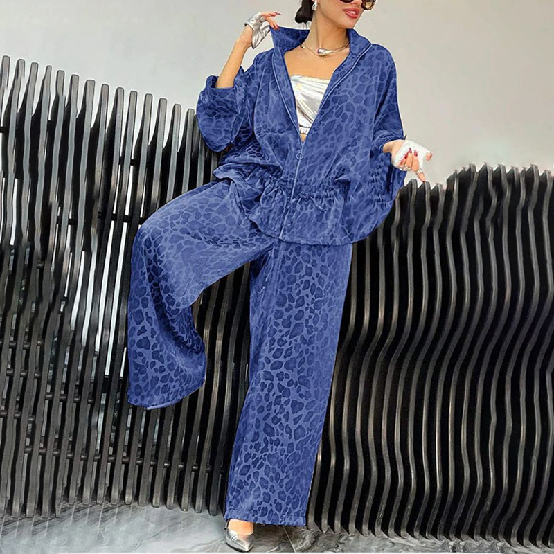 Women's Casual 2-Piece Set, Drawstring Leopard Print Zip-Up Top & Wide Leg Pants For Spring Fall - Image 5
