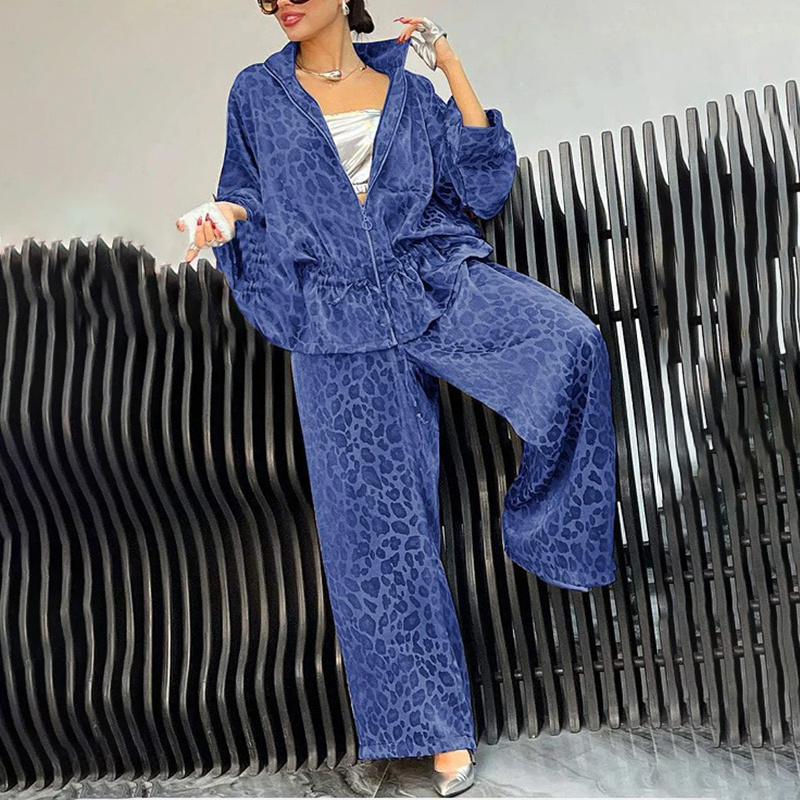 Women's Casual 2-Piece Set, Drawstring Leopard Print Zip-Up Top & Wide Leg Pants For Spring Fall - Image 6