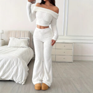 Casual Solid Color Women's Long Pants Sport Furry Pants Cuffed Pants Set