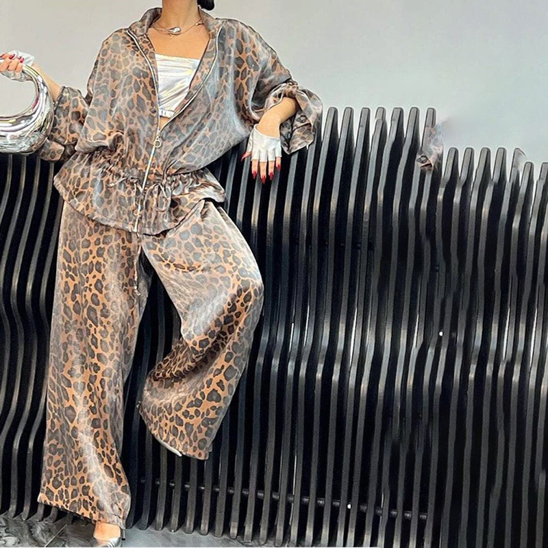 Women's Casual 2-Piece Set, Drawstring Leopard Print Zip-Up Top & Wide Leg Pants For Spring Fall - Image 8